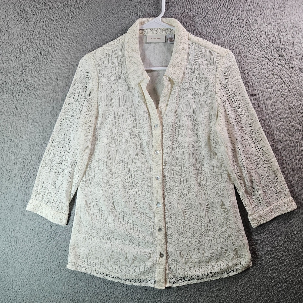 Chico's Shirt Top Women Size 0 Lined Lace Overlay 3/4 Sleeve Button Up White